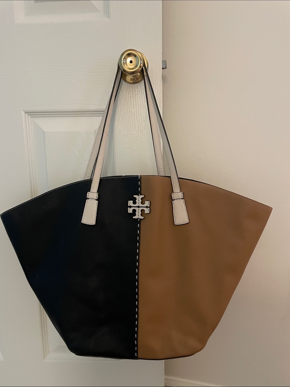 Tory Burch Black and Brown Two-Tone Pebbled Leather Tote